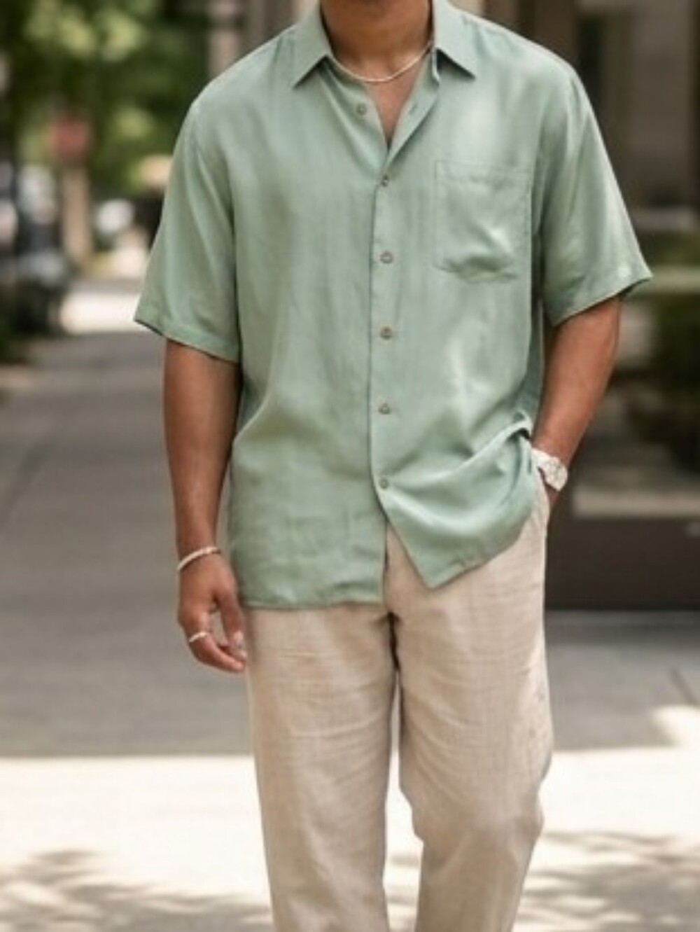 Mint Green Short Sleeve Silk Button-Up Shirt